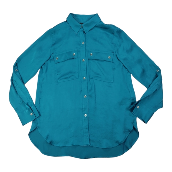 DKNY peacock colored Sz XS button up blouse Roll Up Long Sleeve Silky Feeling - Picture 4 of 15